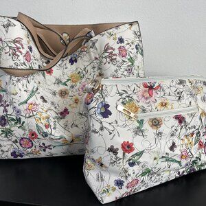 Set of 2 shoulder bags White floral butterflies purses Large women's tote bag